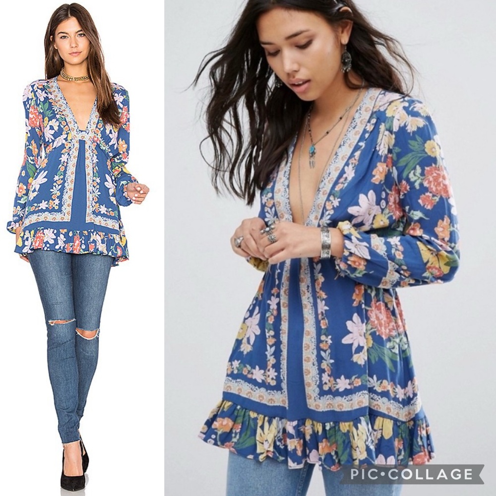 Free People Cream Floral Mini Dress or Blouse w/Ties - Picture 9 of 11